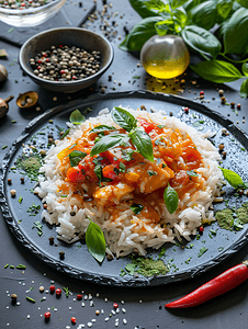 米饭肌肉摄影照片_黑色石板盘子上放着煮熟的米饭、辣椒、香料、香草和番茄酱