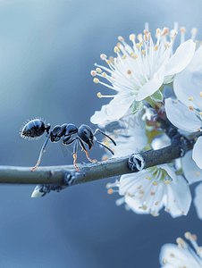 蚂蚁摄影照片_树枝上一只黑蚂蚁盛开的白花的宏观照片