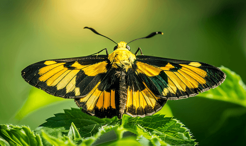 一只黄色和黑色蝴蝶船长栖息在绿色杂草叶上的宏观照片