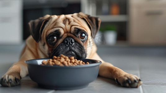 宠物狗粮摄影照片_哈巴狗在吃一碗狗粮摄影照片