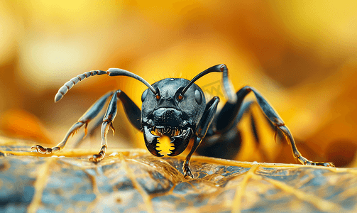 干叶选择性聚焦上金腹黑蚂蚁的宏观照片