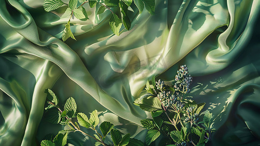 绿色绸缎花朵装饰摄影照片