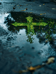 雨晚上摄影照片_雨坑中的绿色十字反射