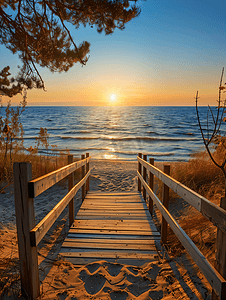 海滩上的一座木桥在蓝色夏日天空的日出时通向大海