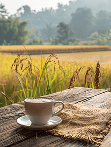 木桌和稻田背景上有棕色黄麻的咖啡杯
