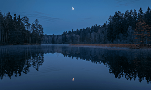 魔法故事摄影照片_夜晚神秘森林湖上的满月