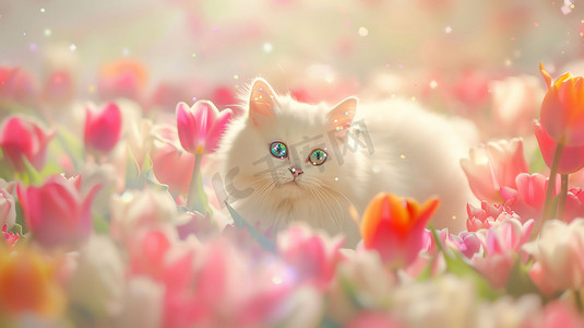 花丛可爱猫咪白云摄影照片