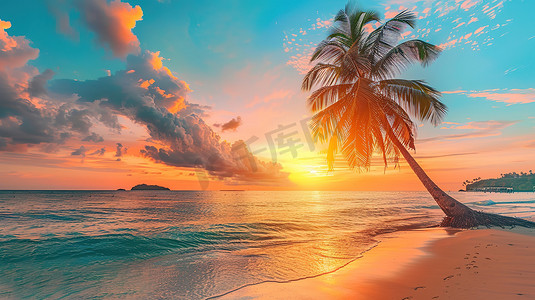 热带海滩上美丽日落高清图片