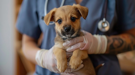 兽医抱着可爱小狗高清图片