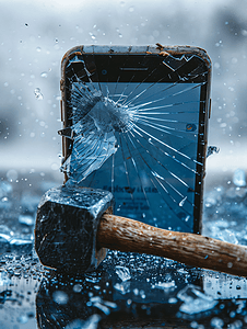 手机移动设备摄影照片_手机屏幕被锤子砸碎的特写