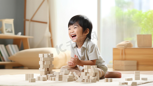 小男孩子在地板上玩积木图片