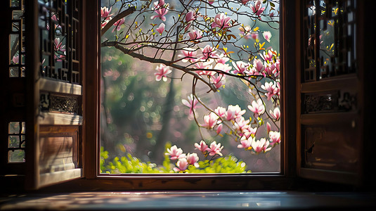窗户木头花朵镂空摄影照片