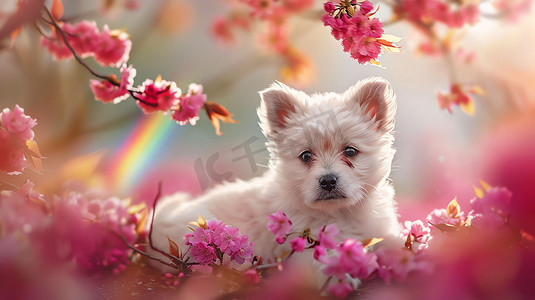 粉色花朵彩虹小狗摄影照片
