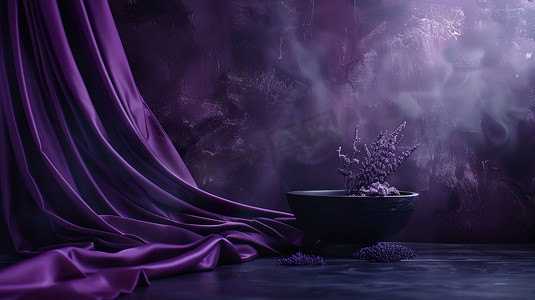 紫色绸缎窗帘装饰摄影照片