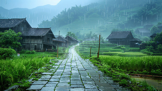 烟雨村庄古代建筑摄影照片