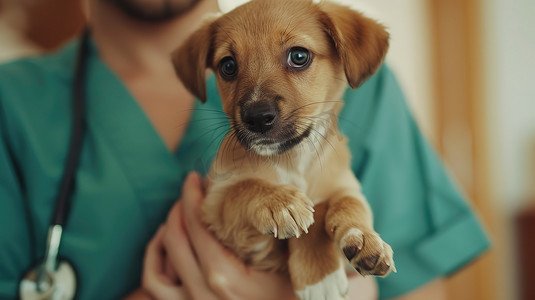 兽医抱着可爱小狗摄影配图