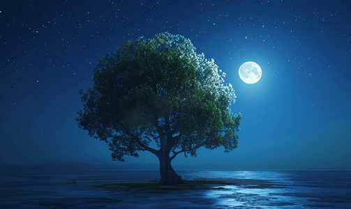 树剪影摄影照片_月光夜背景中的树