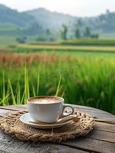 普洱咖啡摄影照片_木桌和稻田背景上有棕色黄麻的咖啡杯