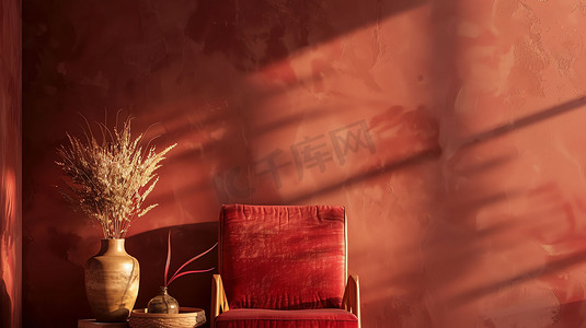 室内红墙沙发花瓶摄影照片