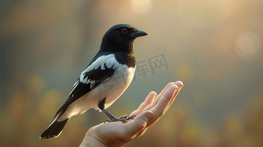 小鸟黑白手掌站立摄影照片