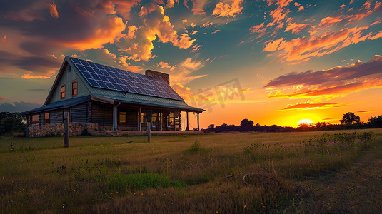 太阳能屋顶房子夕阳摄影照片