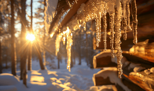 冬天屋摄影照片_老木屋屋顶上太阳照亮的冰柱