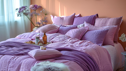 优雅淡紫色卧室四件套摄影图