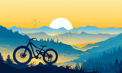 山地自行车剪影与美丽的景色