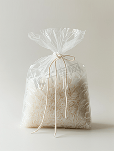 塑料袋子摄影照片_孤立的打结塑料袋中的生白米
