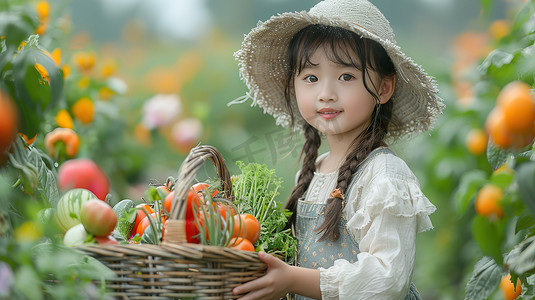 拿着照片摄影照片_农场小女孩拿着蔬菜篮子摄影照片