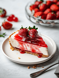 白卡摄影照片_白盘上的草莓果冻芝士蛋糕自制烘焙概念