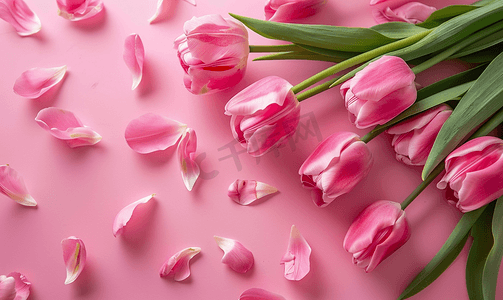 粉红色郁金香粉红色背景上有花瓣平躺