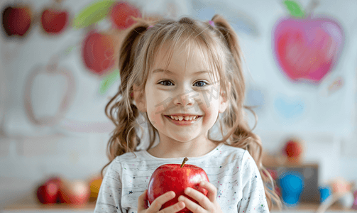快乐的孩子带着苹果回到学校在背景中画画