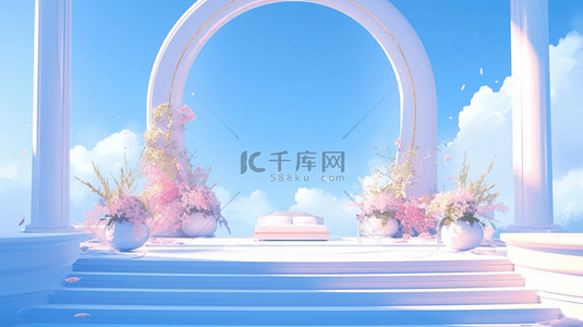 直播间竖版背景图片_柔和蓝粉色直播间618花朵拱门展台设计