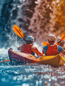 运动会海报摄影照片_皮划艇运动员在河边喷泉附近训练溅起彩虹般的水花