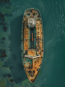 一艘搁浅并倾覆的旧油轮的俯视图