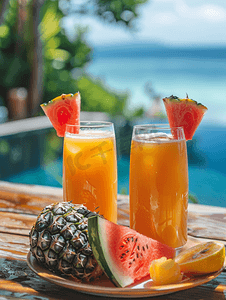 新鲜早餐菠萝西瓜橙汁吐司泰国普吉岛