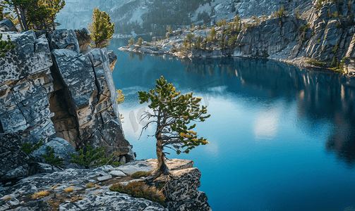山湖上令人惊叹的景观有一块大岩石垂直景观