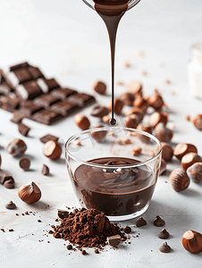 液体巧克力摄影照片_用优质可可、可可脂和榛子制作巧克力
