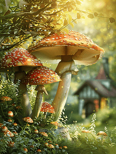 神话故事国潮插画摄影照片_魔法世界蘑菇插画童话仙境
