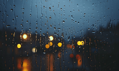 黄色的扇形银杏叶摄影照片_夜雨时窗玻璃上的雨滴