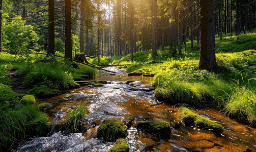春天山林里有小溪的风景