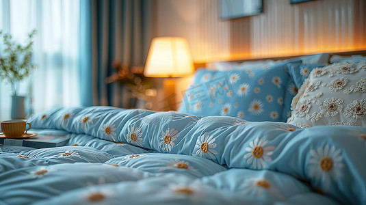 卧室被子摄影照片_温暖舒适的卧室浅蓝色蓬松被子高清摄影图