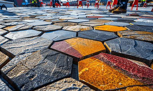 阳光明媚的日子里建筑商以几何图案铺设彩色铺路石