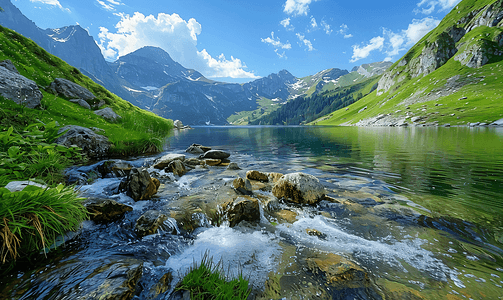 保加利亚摄影照片_石头间的山溪流向湖面垂直景观