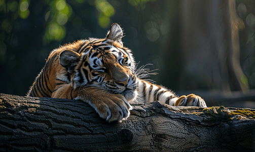 黄色老虎摄影照片_一只老虎躺在树干上舔着爪子
