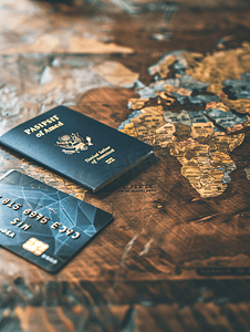 木桌上的护照和信用卡