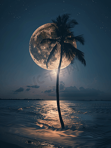 海景和棕榈树在晚上满月在天空月亮原始来源来自美国宇航局