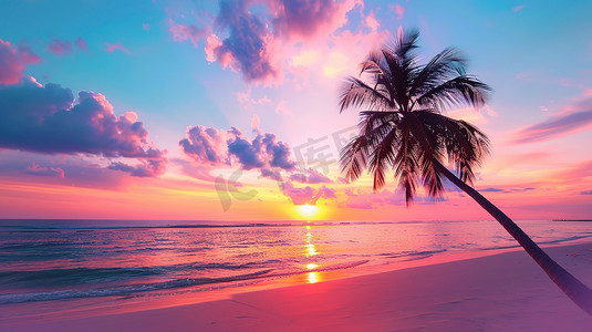 热带海滩上美丽日落照片