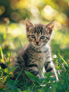 草地女孩儿摄影照片_公园草地的小猫可爱摄影照片